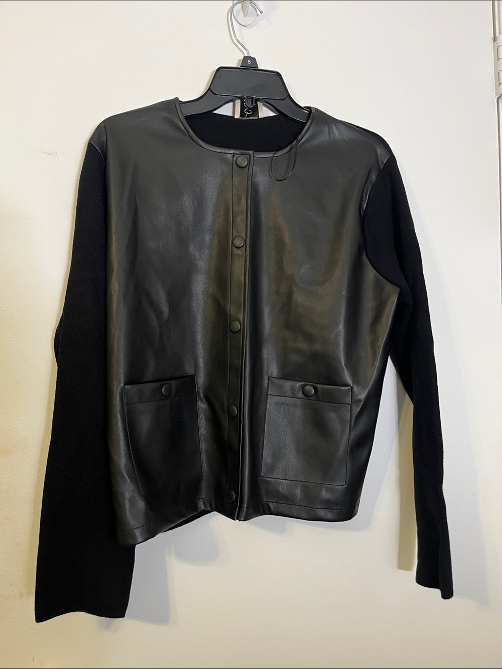 Marshalls Black Faux Leather Front Jacket with Knit Sleeves